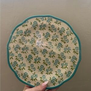 Floral Scalloped Plate with Teal Trim